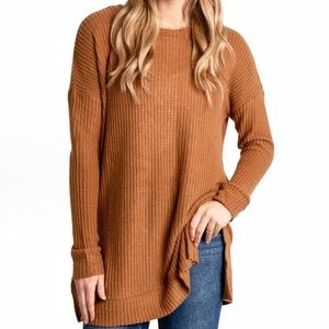 LAST CALL🚨Zenana Round Neck Waffle-Knit Slit Tunic Sweater